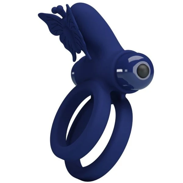 FOR HIM Pretty Love Jamele Penisring met vibratie en vlinderstimulator, blauw