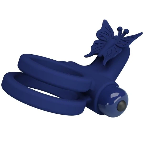 FOR HIM Pretty Love Jamele Penisring met vibratie en vlinderstimulator, blauw