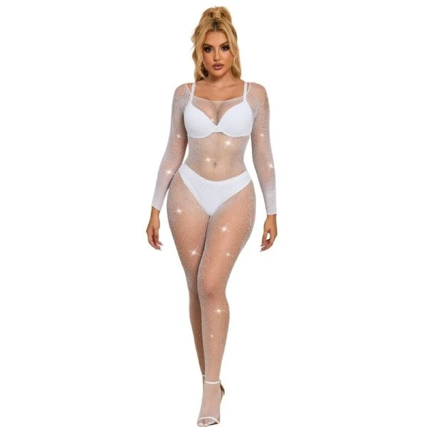 Subblime Net-Bodystocking met Diamanten Lange Mouw Wit