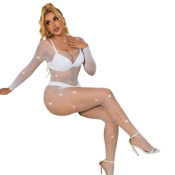 Subblime Net-Bodystocking met Diamanten Lange Mouw Wit