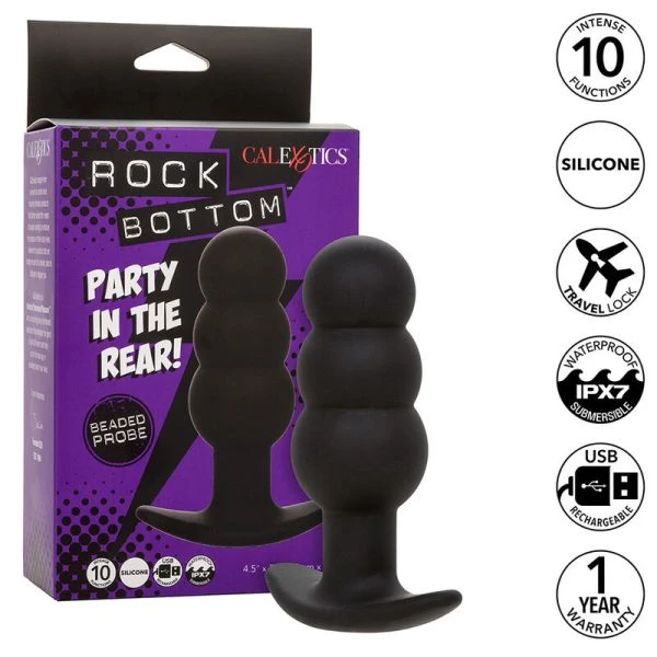 img_185873_065a9802b703987523ba9954c8947a24_1.jpg Calexotics Analplug Rock Bottom Beaded Probe with Beads, 10 Vibrations, Silicone, Black