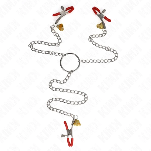 Kink Nipple Grip 3-voudige tepel- en clitklemmen rood met ketting