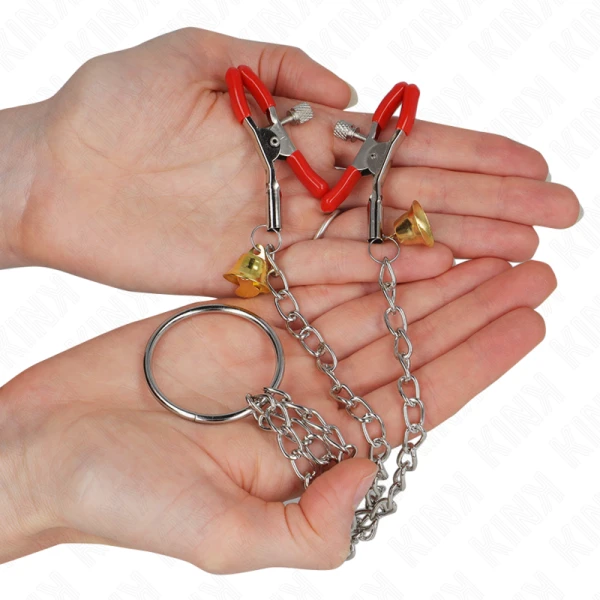 Kink Nipple Grip 3-voudige tepel- en clitklemmen rood met ketting