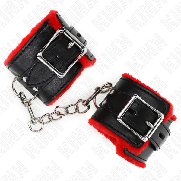 Kink Met Bont Gevoerde Polsboeien Met Riem, Rood/Zwart Kink Met Bont Gevoerde Polsboeien Met Riem, Rood/Zwart