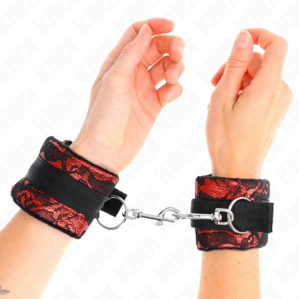 Kink Wrist Restraint korte polsboeien van fluweelkant en nylon rood/zwart