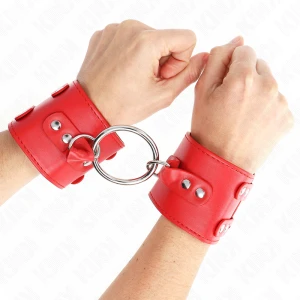 Kink Wrist Restraint Adjustable Wrist Cuffs with Ring and Rivets Red
