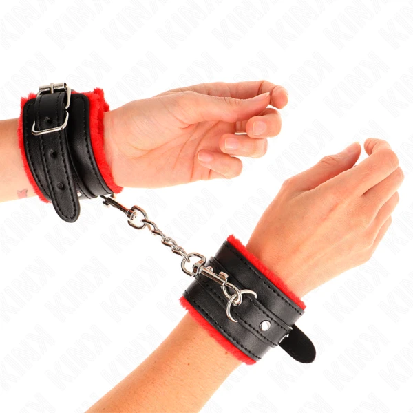 Kink Wrist Restraint Handboeien met bontrand, rood-zwart