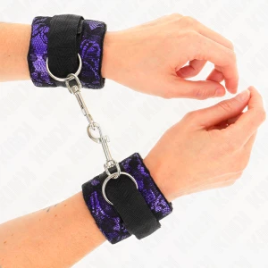 Kink Wrist Restraint short wrist cuffs made of velvet lace and nylon binding purple/black