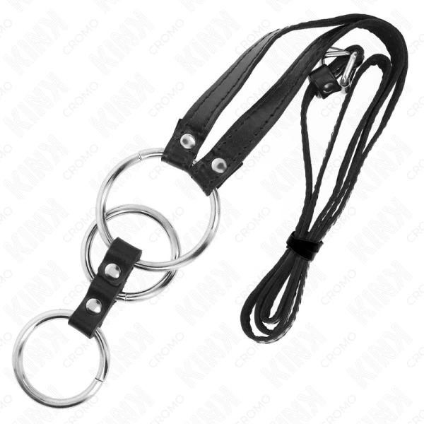 Kink Ring Power Drievoudige metalen penisring met lederen riemen
