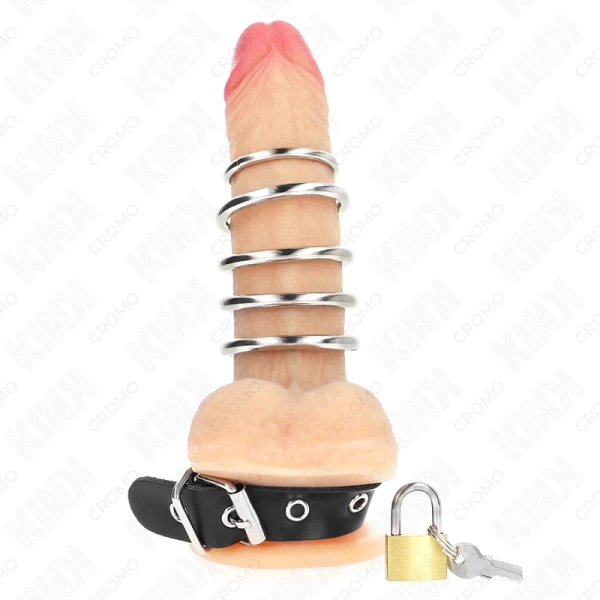 Kink Ring Power Penisring aus Leder mit Verschlussband und 5 Metallringen