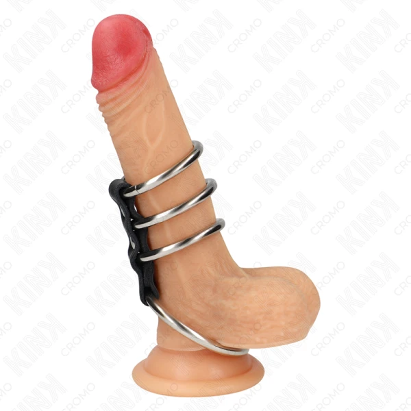 Kink Ring Power Set met 4 metalen penisringen en lederen verbinding