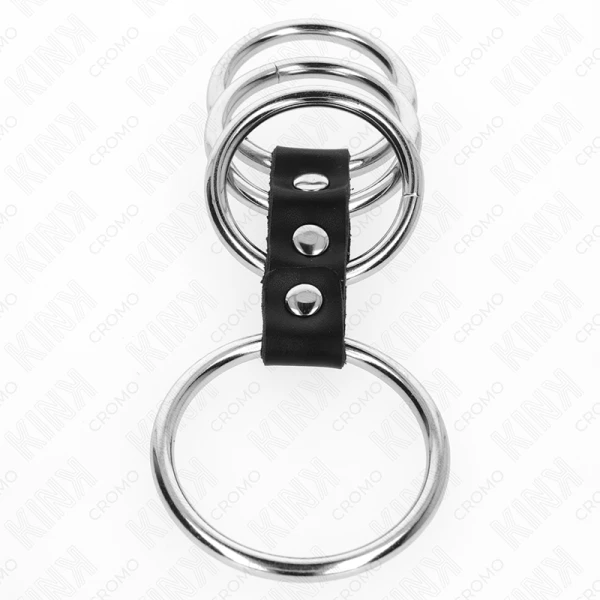 Kink Ring Power Set met 4 metalen penisringen en lederen verbinding