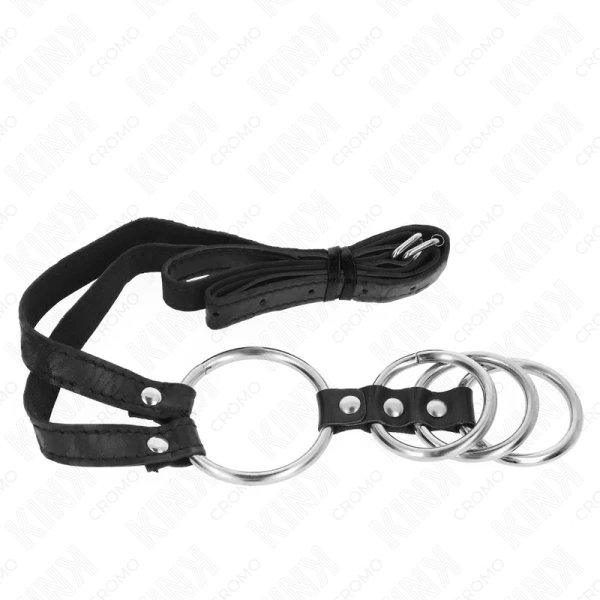 Kink Ring Power 4 verbundene Penisringe aus Metall mit Ledergurten Kink Ring Power 4 verbundene Penisringe aus Metall mit Ledergurten