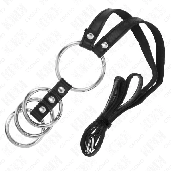 Kink Ring Power 4 verbundene Penisringe aus Metall mit Ledergurten Kink Ring Power 4 verbundene Penisringe aus Metall mit Ledergurten