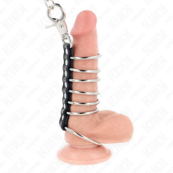 Kink Ring Power Penisring-Set van metaal en leer met ketting Kink Ring Power Penisring-Set van metaal en leer met ketting