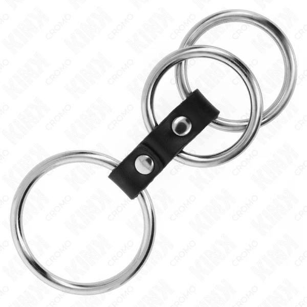 Kink Ring Power Drievoudige Metalen Penisring met Leder Verbonden