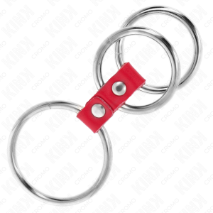 Kink Ring Power Drievoudige Metalen Penisring met Rood Leder Kink Ring Power Drievoudige Metalen Penisring met Rood Leder - Afbeelding 3