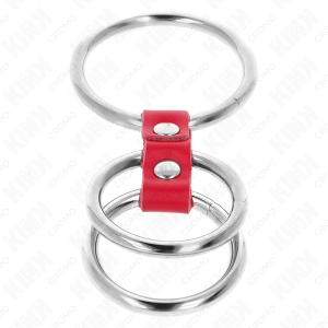 Kink Ring Power Drievoudige Metalen Penisring met Rood Leder Kink Ring Power Drievoudige Metalen Penisring met Rood Leder - Afbeelding 4