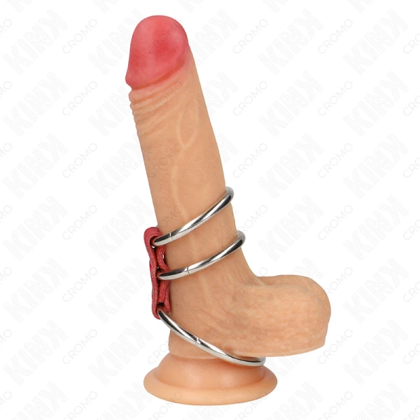 Kink Ring Power Drievoudige Metalen Penisring met Rood Leder