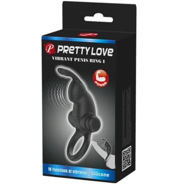 FOR HIM Pretty Love Vibratiering met Rabbit-kittelaarstimulator, 10 trillingen, Zwart FOR HIM Pretty Love Vibratiering met Rabbit-kittelaarstimulator, 10 trillingen, Zwart