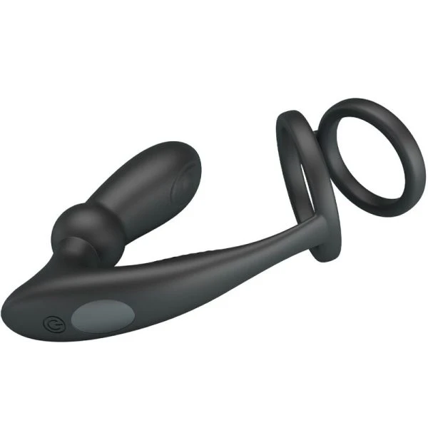 FOR HIM Pretty Love Emoni Penisring met Anaalplug, 12 Trillingen, Zwart