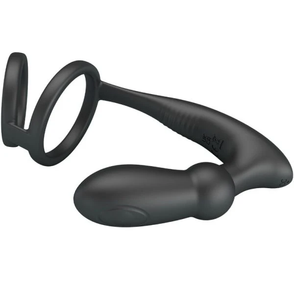 FOR HIM Pretty Love Emoni Penisring met Anaalplug, 12 Trillingen, Zwart