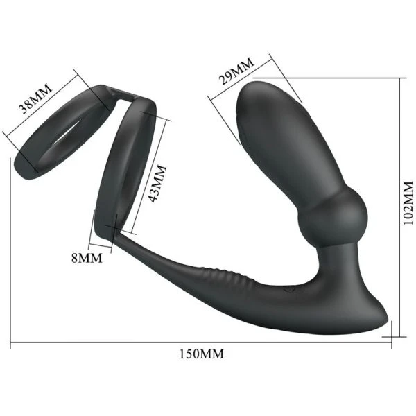 FOR HIM Pretty Love Emoni Penisring met Anaalplug, 12 Trillingen, Zwart