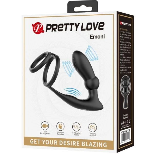 FOR HIM Pretty Love Emoni Penisring met Anaalplug, 12 Trillingen, Zwart