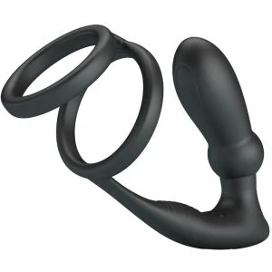 FOR HIM Pretty Love Emoni Penisring met Anaalplug, 12 Trillingen, Zwart