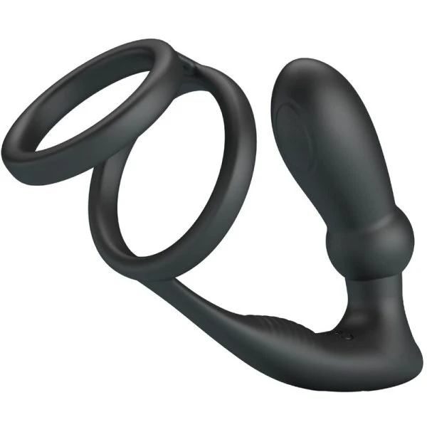 FOR HIM Pretty Love Emoni Penisring met Anaalplug, 12 Trillingen, Zwart