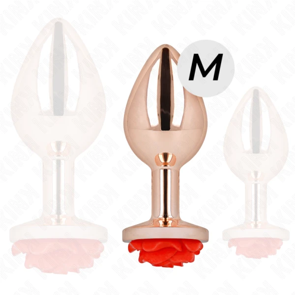 Kink Pleasure Plugs Anale plug van roségouden metaal met rode roos