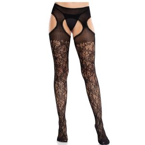 LEG Avenue Hosiery Blumenspitzenstrümpfe mit Strumpfbändern United Black LEG Avenue Hosiery Blumenspitzenstrümpfe mit Strumpfbändern United Black – Bild 1