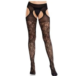 LEG Avenue Hosiery Bloemenkousen met kousenbanden United Black
