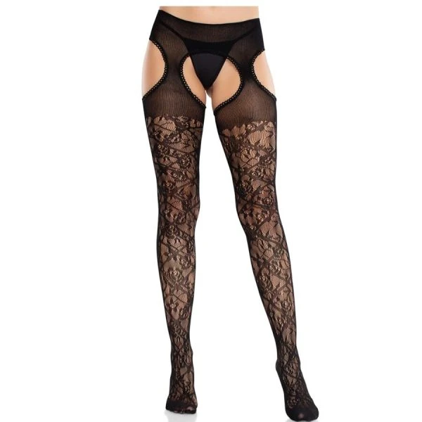 LEG Avenue Hosiery Blumenspitzenstrümpfe mit Strumpfbändern United Black