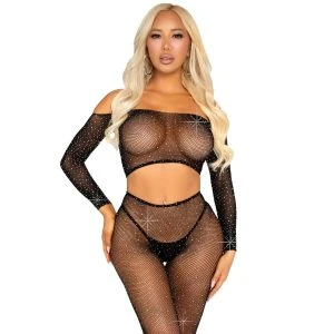 LEG Avenue Set Net-croptop en Netlegging met Strass Steentjes Zwart