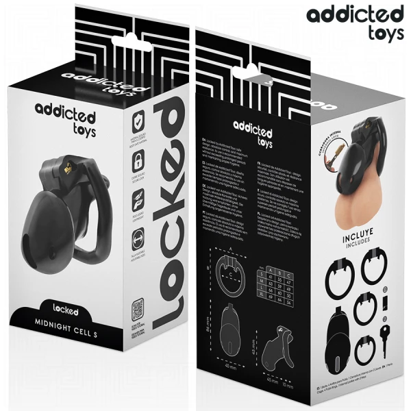Addicted Toys Locked Keuschheitskäfig Midnight Cell Maat S met 4 ringen