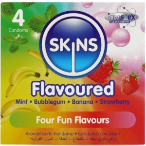 Skins Kondome mit Geschmack 4er-Pack Banane Kaugummi Minze Erdbeere – Bild 1