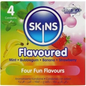 Skins Kondome mit Geschmack 4er-Pack Banane Kaugummi Minze Erdbeere