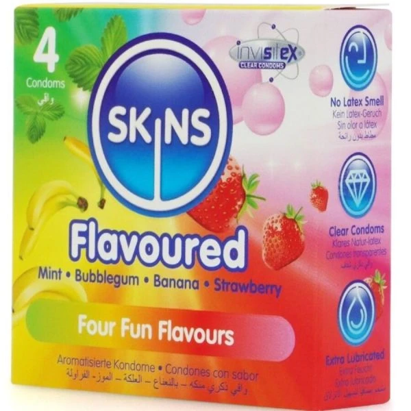Skins Kondome mit Geschmack 4er-Pack Banane Kaugummi Minze Erdbeere