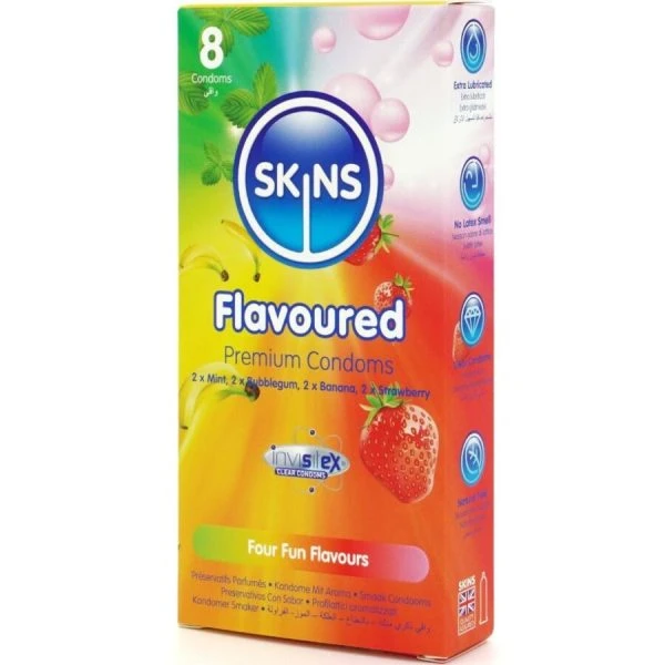 Skins Kondome mit Geschmack 8er-Pack Banane Kaugummi Minze Erdbeere