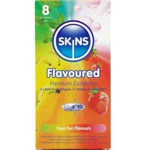 Skins Kondome mit Geschmack 8er-Pack Banane Kaugummi Minze Erdbeere