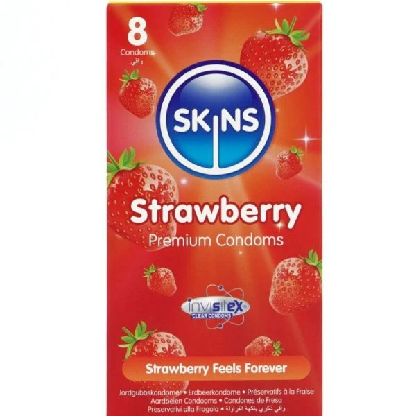 Skins Aardbeiencondooms Verpakking 8 – fruitig gearomatiseerde condooms