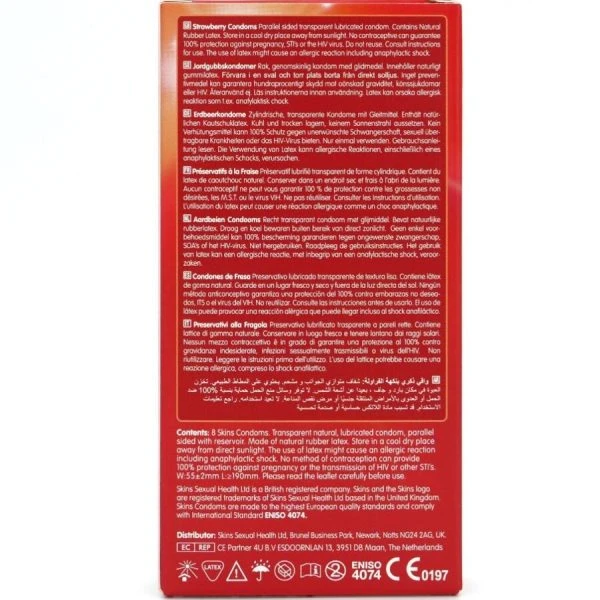 Skins Aardbeiencondooms Verpakking 8 – fruitig gearomatiseerde condooms