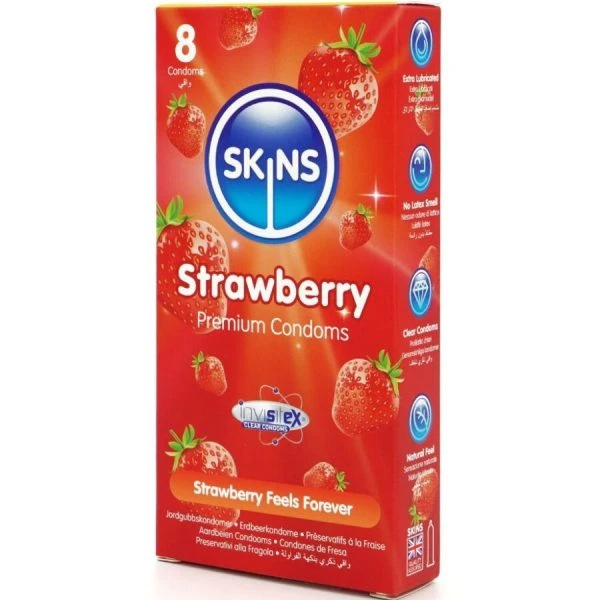Skins Aardbeiencondooms Verpakking 8 – fruitig gearomatiseerde condooms