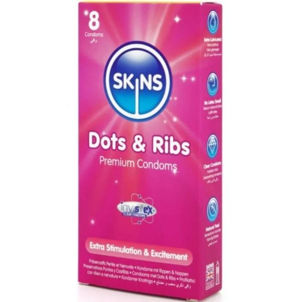 Skins Dots & Ribs Kondome mit Noppen und Rillen 8er-Pack