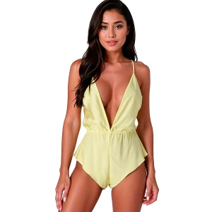 Passion Woman Teddies Satin Body Sensie with Deep V-Neckline Lemon L/XL