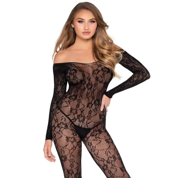 Leg Avenue Bodystocking met florale kant, zwart