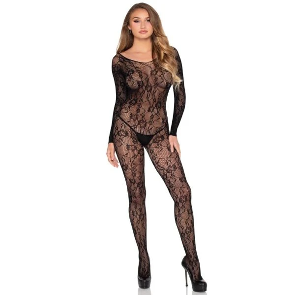 Leg Avenue Bodystocking met florale kant, zwart