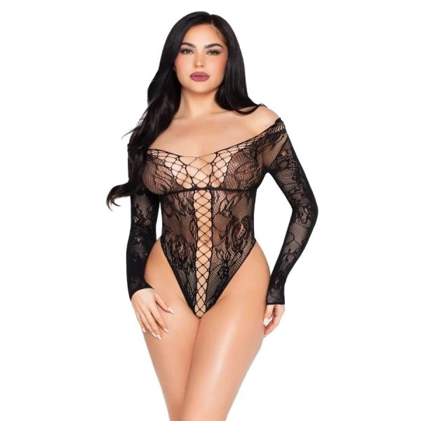 Leg Avenue Net- en kantteddy met Carmen-uitsnede, Zwart