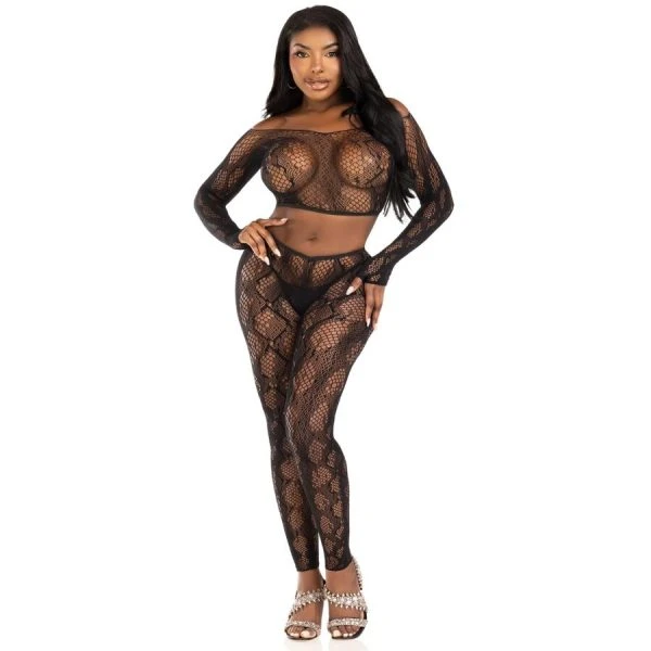 LEG Avenue Sets Crop-Top und fußlose Strumpfhose im Schlangenmuster Schwarz